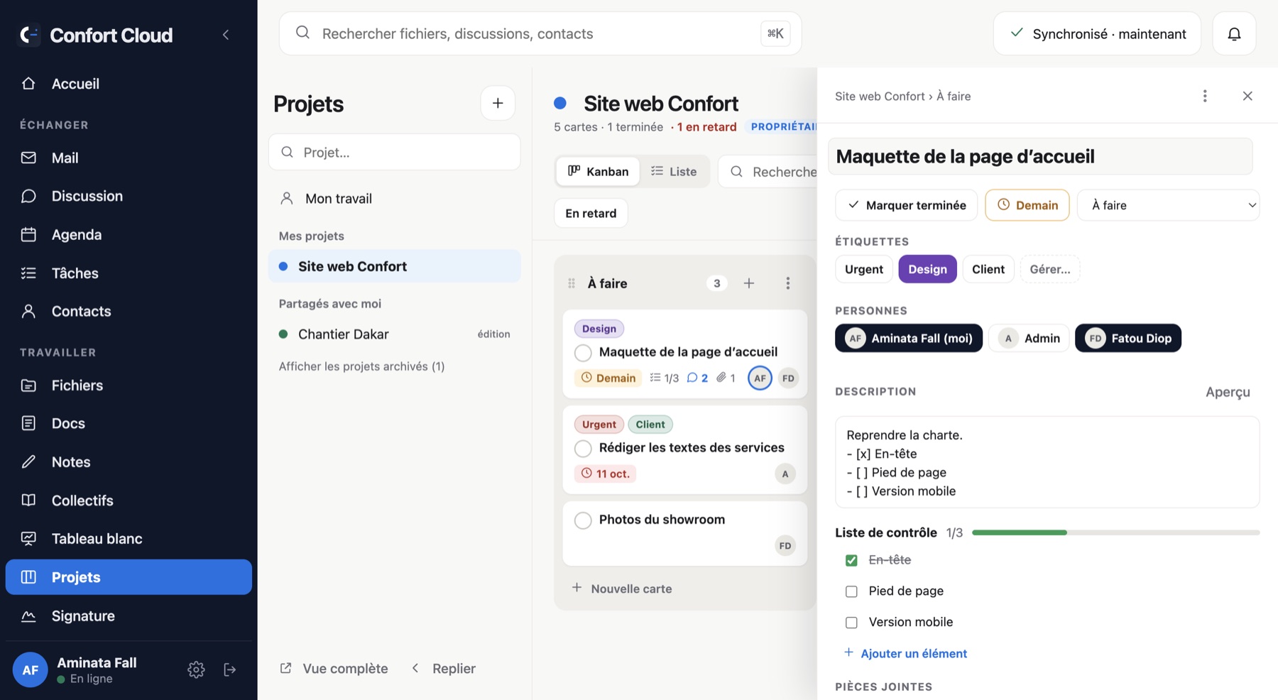 La fiche d’une carte de projet : échéance, étiquettes, personnes, description et liste de contrôle.