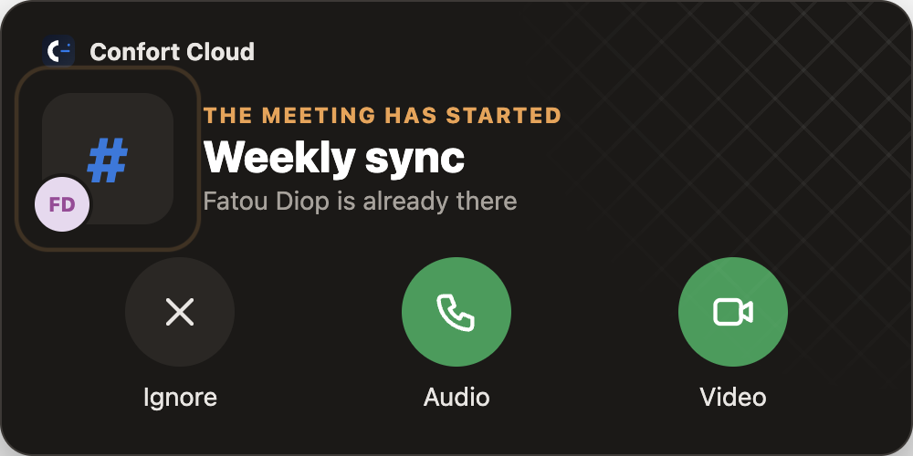 The incoming call window: meeting name and Ignore, Audio, Video buttons.
