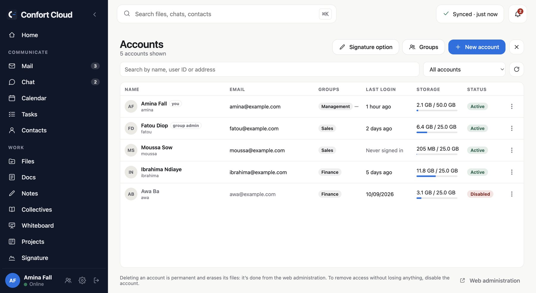 The Accounts section: list of accounts with groups, last sign-in and status.