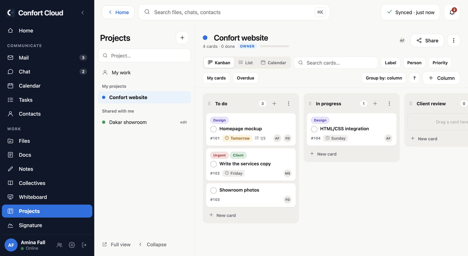 The Projects screen in Confort Cloud: a board with To do, In progress and Client review columns.