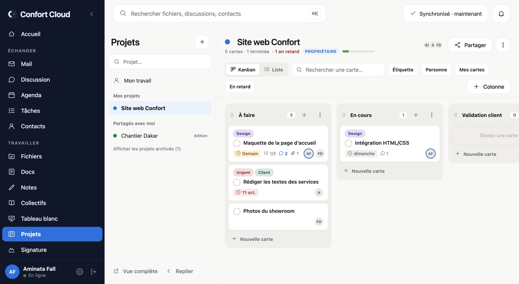 L’écran Projets de Confort Cloud : un tableau avec les colonnes À faire, En cours et Validation client.